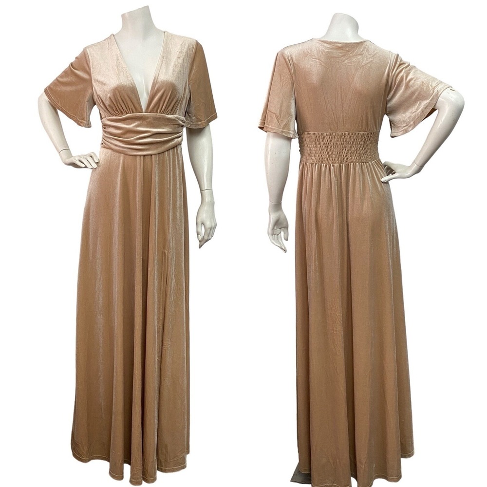 Baltic Born Women's Medium Tan V-Neck Bridesmaid Short Sleeve Velvet Maxi Dress